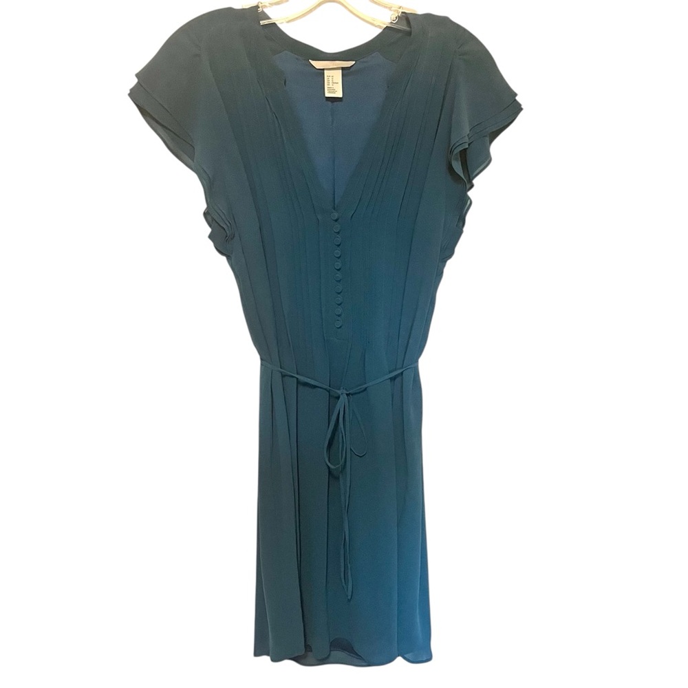 H&M Teal Midi V-Neck Dress with Flutter Sleeves, Button Accents and Tie Waist L